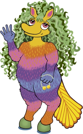 Kuvitettu Tiuku-hahmo, joka vilkuttaa lapsille. Tiukulla on raidallinen, värikäs turkki, keltainen pystö, kaviot jaloissaan ja pitkät, kiharat ja vihreät hiukset.