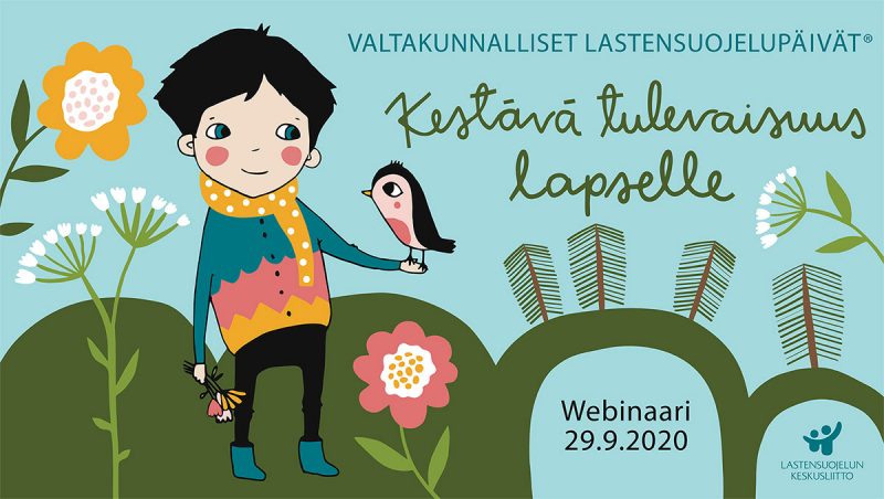 Kuvitettu poika pitää lintua käsivarrellaan. Taustalla on kukkia ja puita.