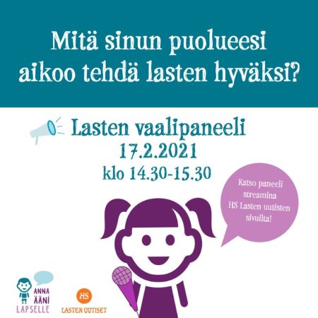 Kuvitettu lapsi mikrofoni kädessään kehottaa katsomaan lasten vaalipaneelia: Mitä sinun puolueesi aikoo tehdä lasten hyväksi?.