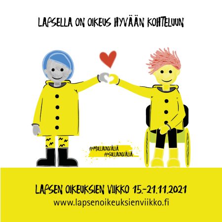 Lapsen oikeuksien viikon kampanjakuva, jossa kaksi kuvitettua lasta muodostavat käsillään sydämen.