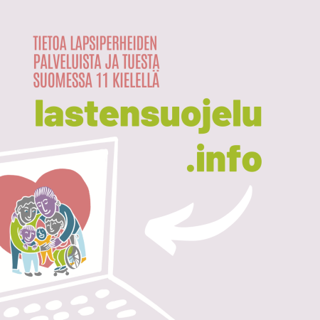 Lastensuojelu.infon mainos, jossa kuvitettu tietokoneen ruutu ja perhe sydämen sisällä.