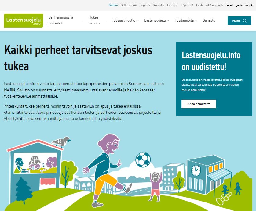 Näyttökuva Lastensuojelu.info -sivuston etusivusta, jossa kuvietttu vanhempi ja lapsi potkivat palloa kaupunkiympäristössä.