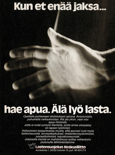Älä lyö lasta -mainos 80-luvulta, jossa on käden kuva ja teksti: Hae apua. Älä lyö lasta.