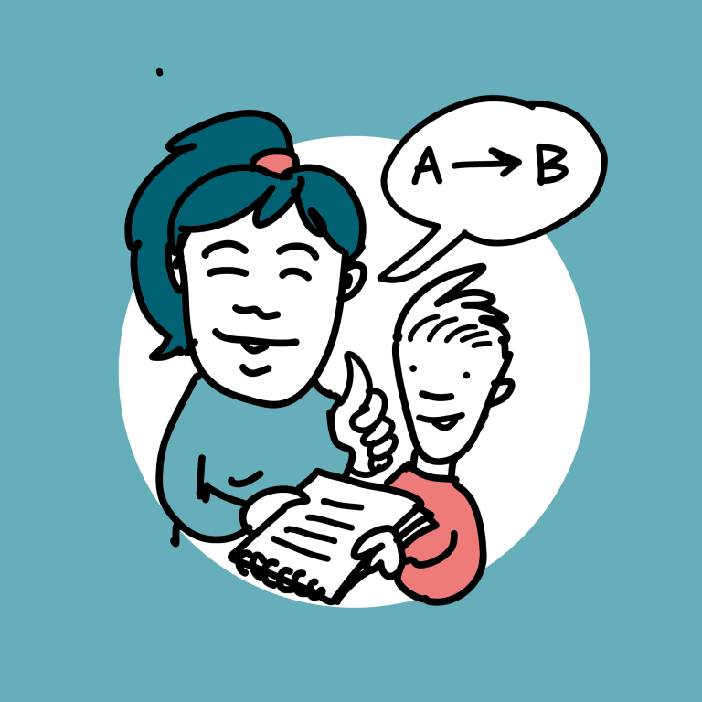  En illustration av ett barn och en vuxen som pratar. Pratbubblan har en pil från A till B.