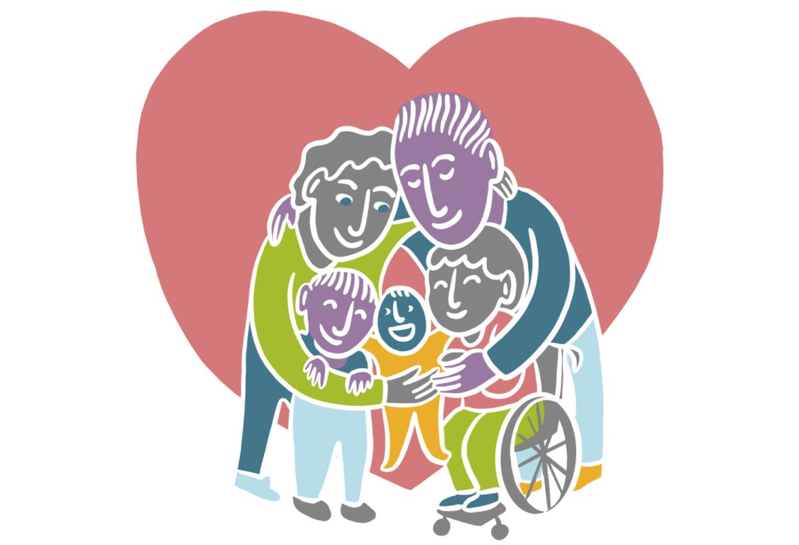 Illustrated family of five hugging each other in front of a big red heart.