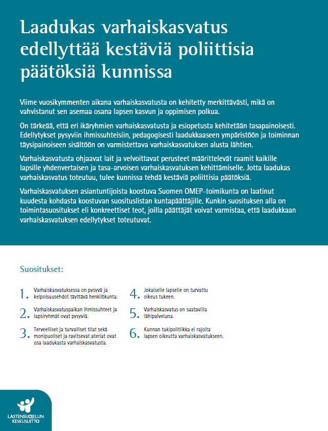 Politiikkasuositus: Laadukas varhaiskasvatus edellyttää kestäviä poliittisia päätöksiä kunnissa