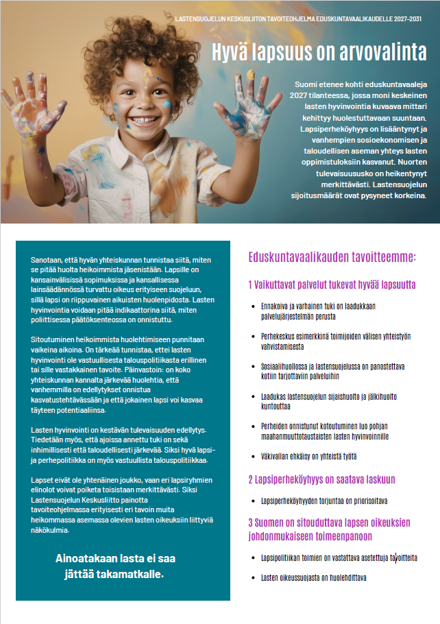 Hyvä lapsuus on arvovalinta – Lastensuojelun Keskusliiton tavoiteohjelma eduskuntavaalikaudelle 2027–2031
