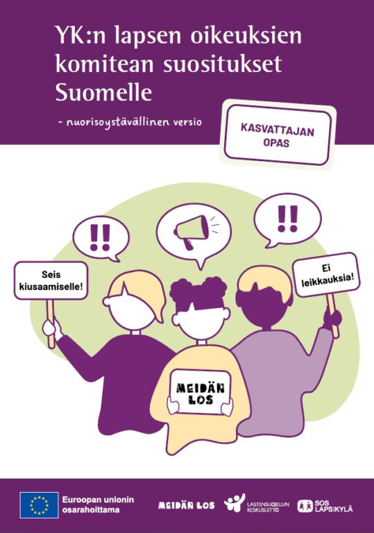 Meidän LOS -hankkeen YK:n lapsen oikeuksien komitean suositukset Suomelle - kasvattajan opas kansi.