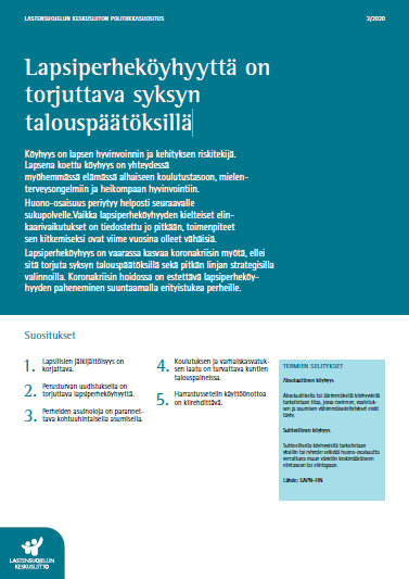 Politiikkasuositus: Lapsiperheköyhyyttä on torjuttava syksyn talouspäätöksillä