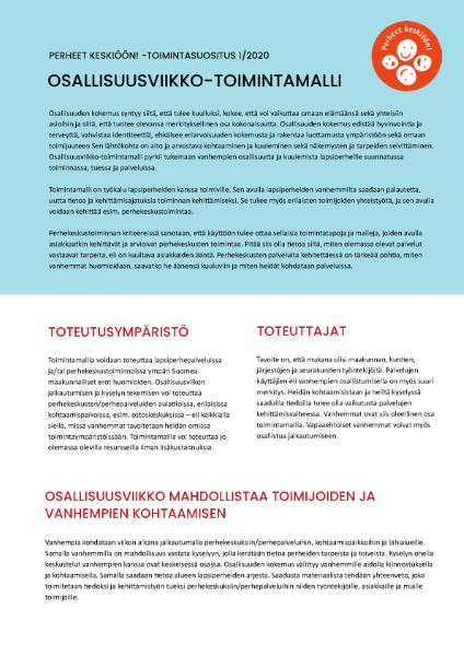 Perheet Keskiöön! -toimintasuositus: Osallisuusviikko – Toimintamalli